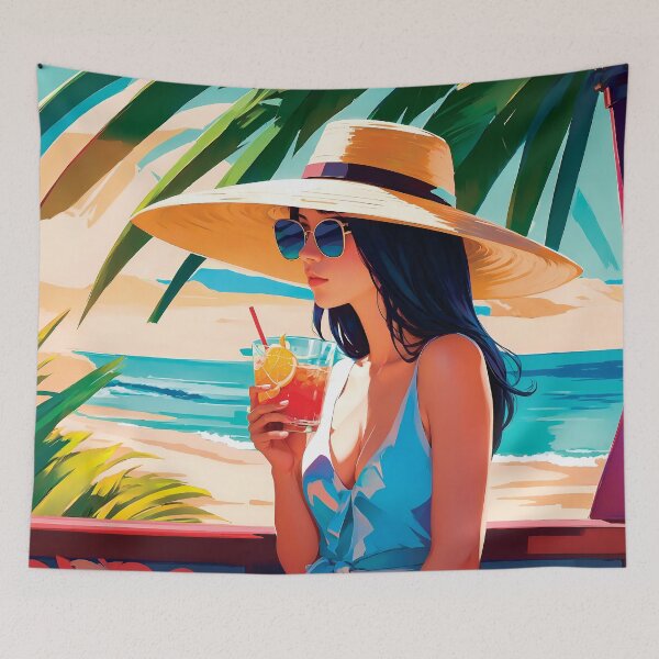 Item preview, Stylish Vacation Girl In Summer Dress Enjoying Holidays On A Beach Drinking Under A Palm Tree Simplistic Poster designed and sold by TriniTeeClub.