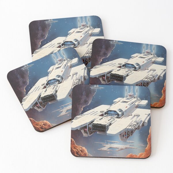 Item preview, White Retro Futuristic Cargo Spaceship Flying Through Nebula and Rocky Landscape designed and sold by Je-we.
