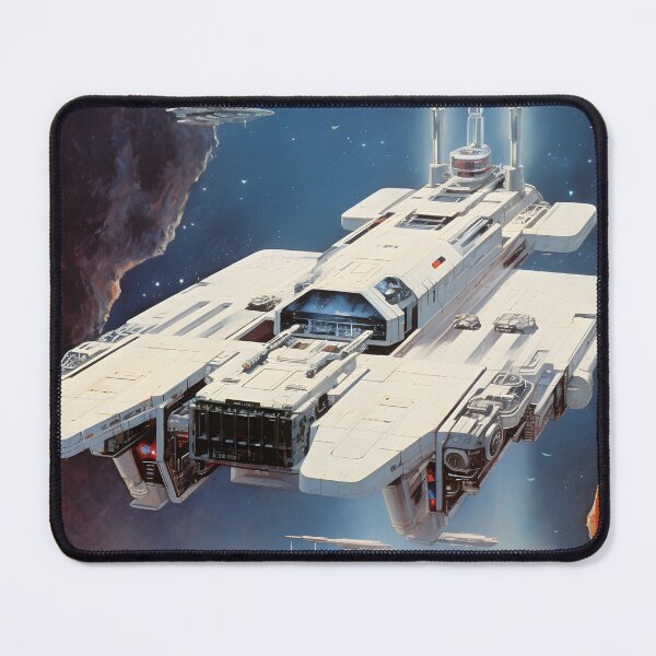 Item preview, White Retro Futuristic Cargo Spaceship Flying Through Nebula and Rocky Landscape designed and sold by Je-we.