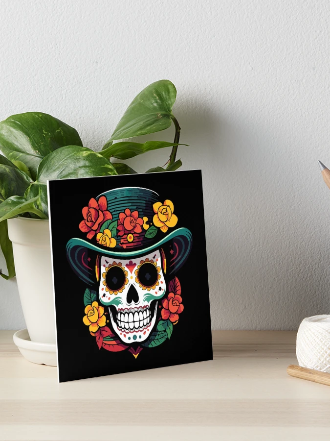 Day of Dead mexican skull with flowers and hat