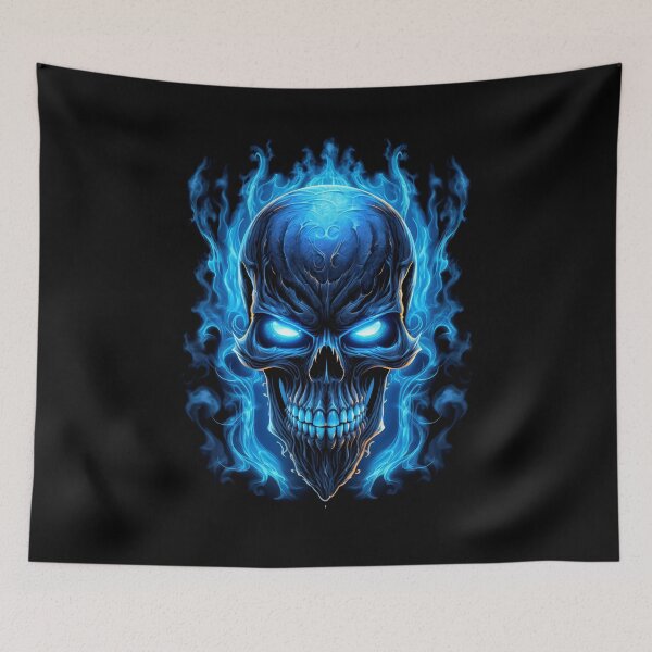 Item preview, Flaming Blue Skull with Glowing Eyes in Dark Atmosphere designed and sold by Vinson-MFG.
