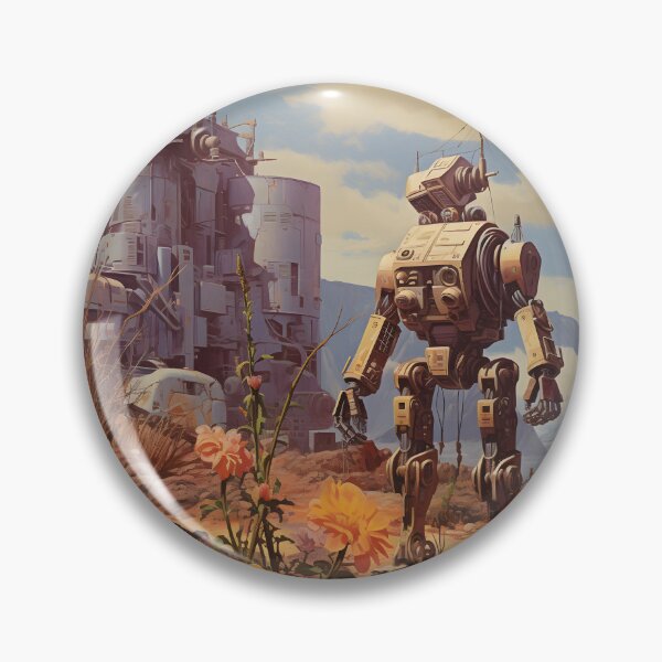Item preview, Futuristic Robot Against a Post-apocalyptic Landscape with a Rusty Building and Flowers designed and sold by Je-we.