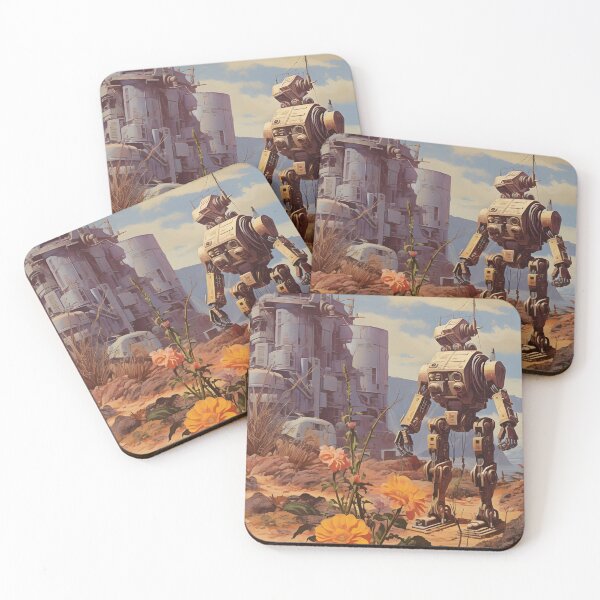 Item preview, Futuristic Robot Against a Post-apocalyptic Landscape with a Rusty Building and Flowers designed and sold by Je-we.