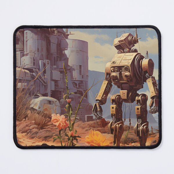 Item preview, Futuristic Robot Against a Post-apocalyptic Landscape with a Rusty Building and Flowers designed and sold by Je-we.