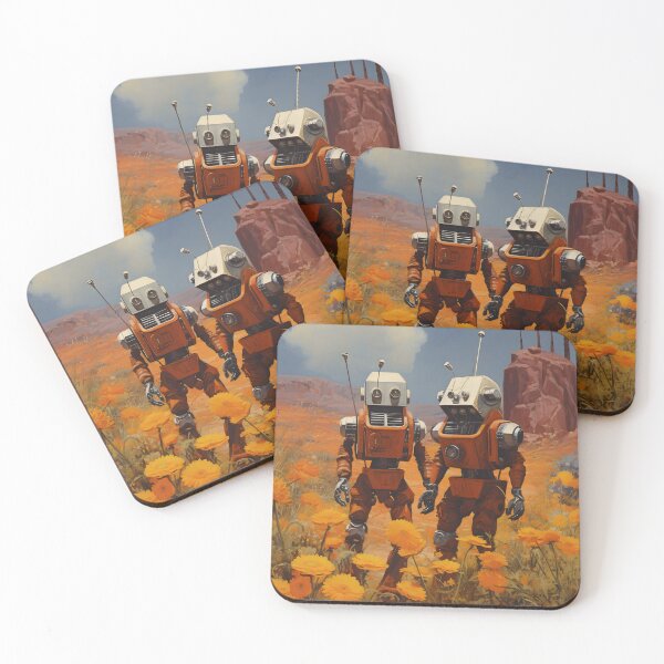 Item preview, Two Robots Against a Wasteland Landscape with Clear Sky and Flowers designed and sold by Je-we.
