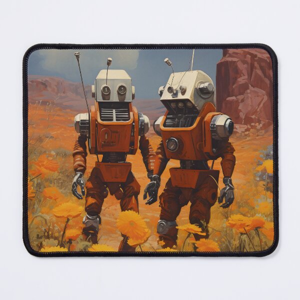 Item preview, Two Robots Against a Wasteland Landscape with Clear Sky and Flowers designed and sold by Je-we.