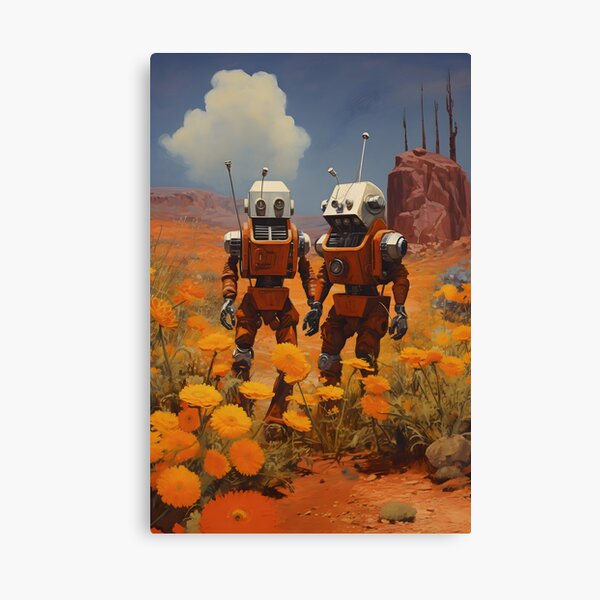 Item preview, Two Robots Against a Wasteland Landscape with Clear Sky and Flowers designed and sold by Jew-e.