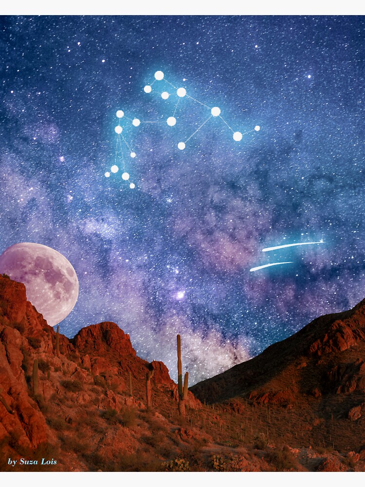 Aquarius Zodiac with desert range and galaxy sky