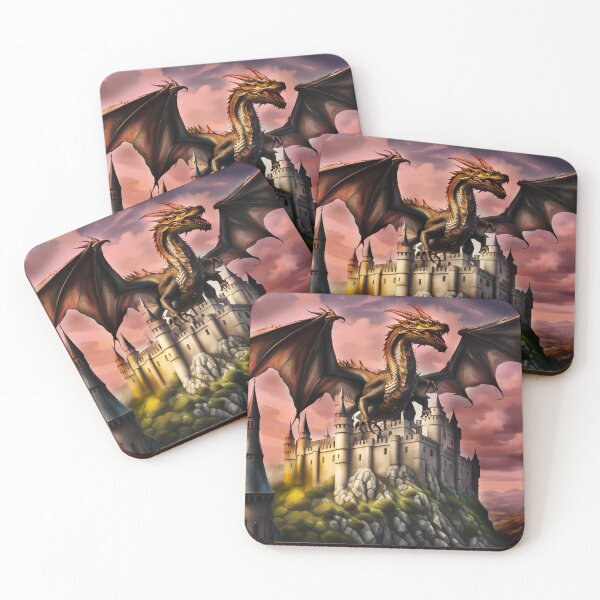 Item preview, Medieval dragon flying over a towering castle designed and sold by ksdesignsart.