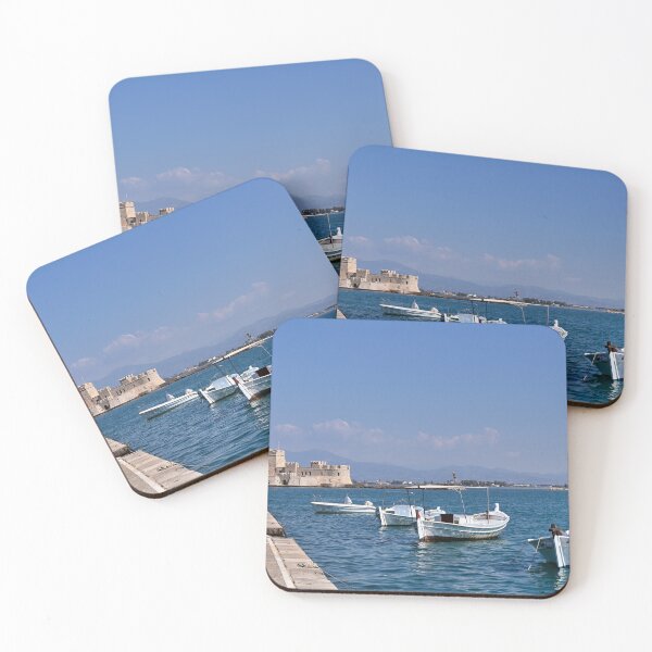 Item preview, Small fishing boats and and Bourtzi fortress in Nafplio, Peloponnese, Greece designed and sold by goceris.