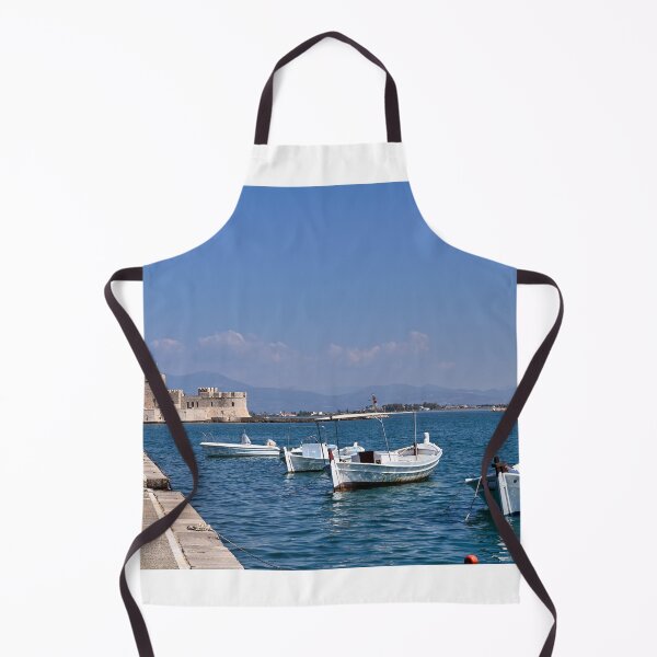Item preview, Small fishing boats and and Bourtzi fortress in Nafplio, Peloponnese, Greece designed and sold by goceris.