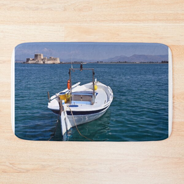 Item preview, Small fishing boat and and Bourtzi fortress in Nafplio, Peloponnese, Greece designed and sold by goceris.