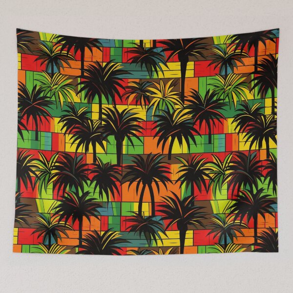 Item preview, Colorful fantasy pattern orange yellow green red turquoise black ornaments palm trees designed and sold by G-M-Designs.