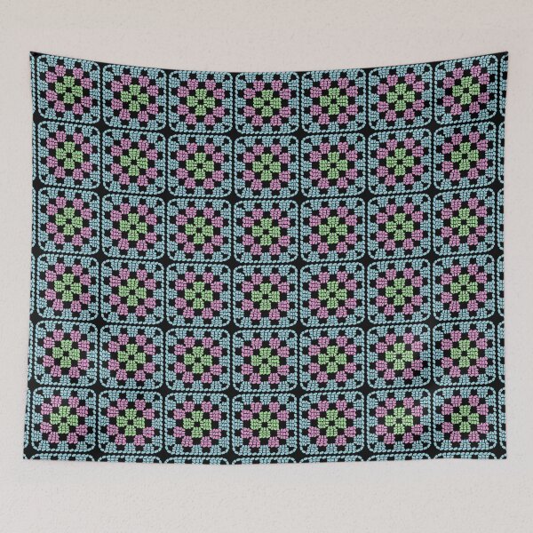 Item preview, Crochet Granny Square Retro Pattern in Pastel Colours with Black Background  designed and sold by Aureusglow.