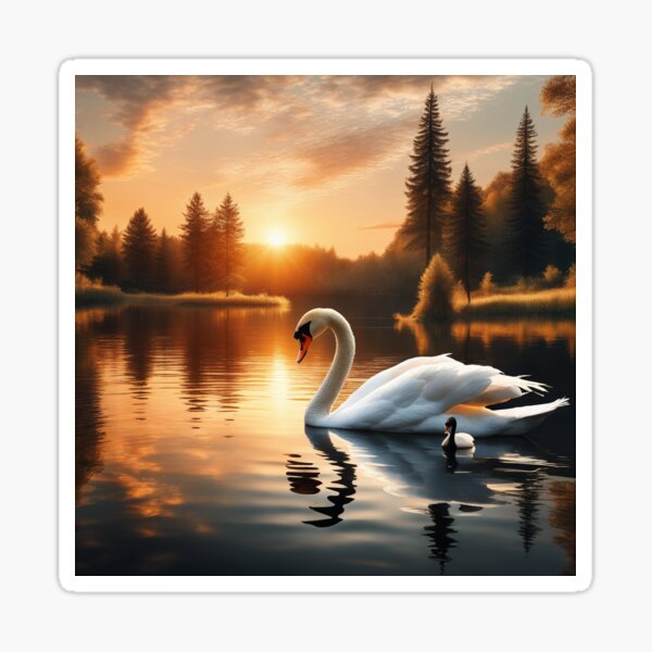 An idyllic forest lake in which a white and a black swan swim Sticker