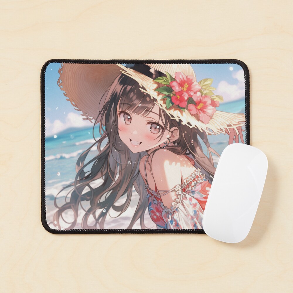 Cute Playful Anime Girl With Straw Hat On Beach | Tapestry