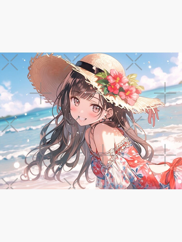 Cute Playful Anime Girl With Straw Hat On Beach | Poster