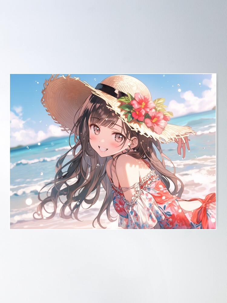 Free Vectors  An anime-style girl with a straw hat smiling at you