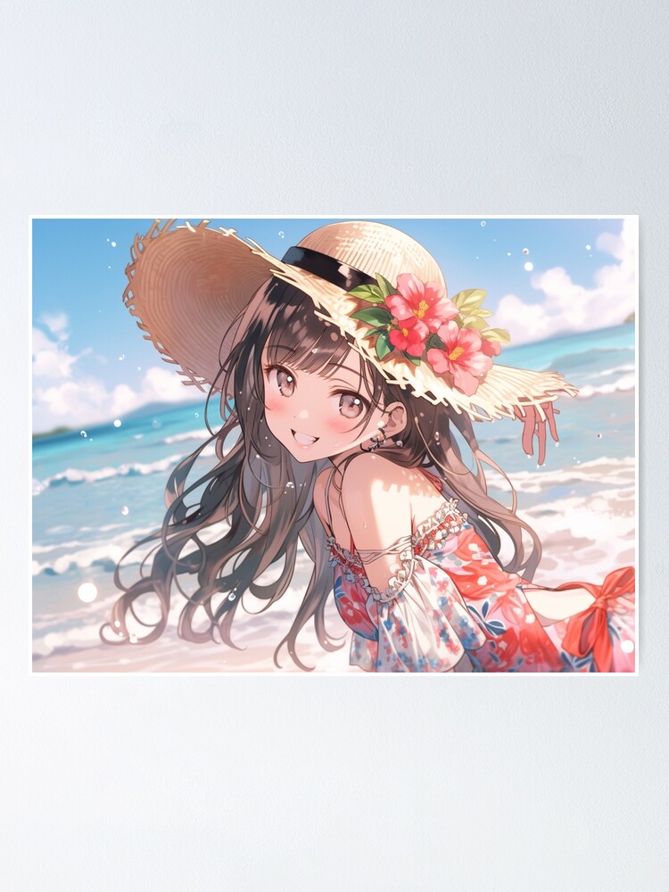 Cute Playful Anime Girl With Straw Hat On Beach | Poster