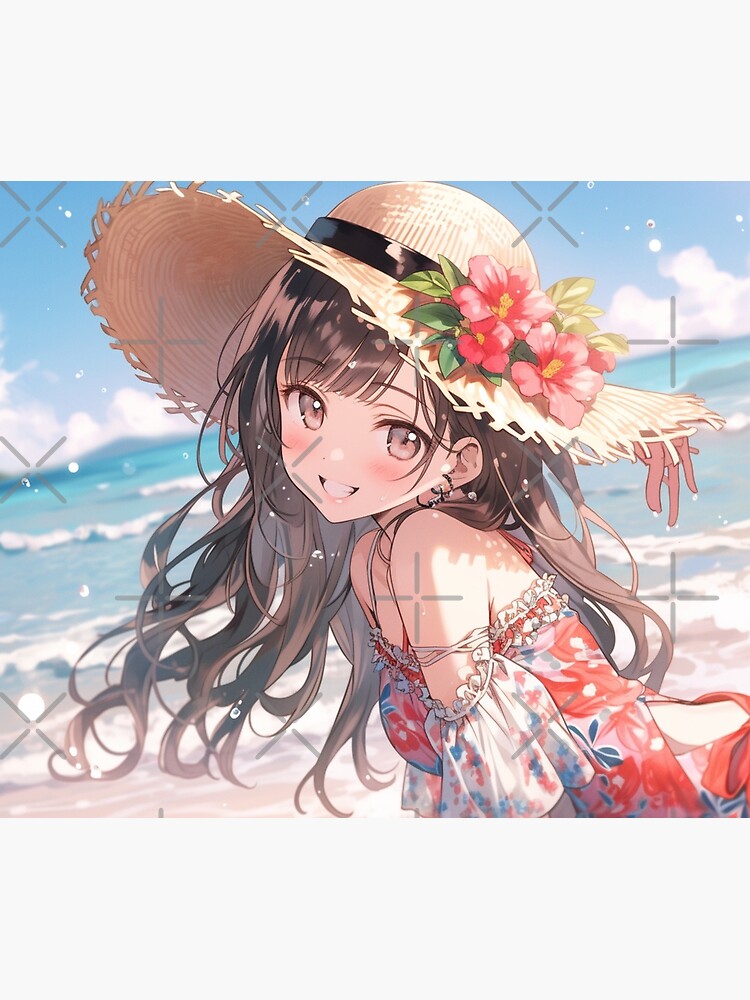 Cute Playful Anime Girl With Straw Hat On Beach | Tapestry