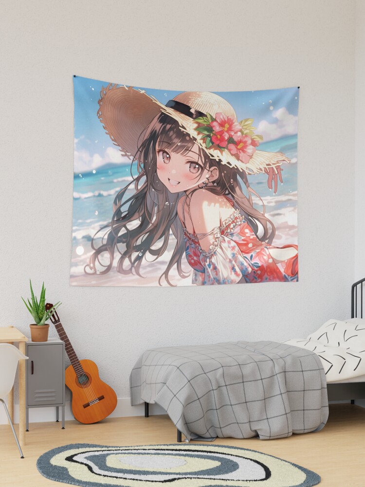 Cute Playful Anime Girl With Straw Hat On Beach | Tapestry