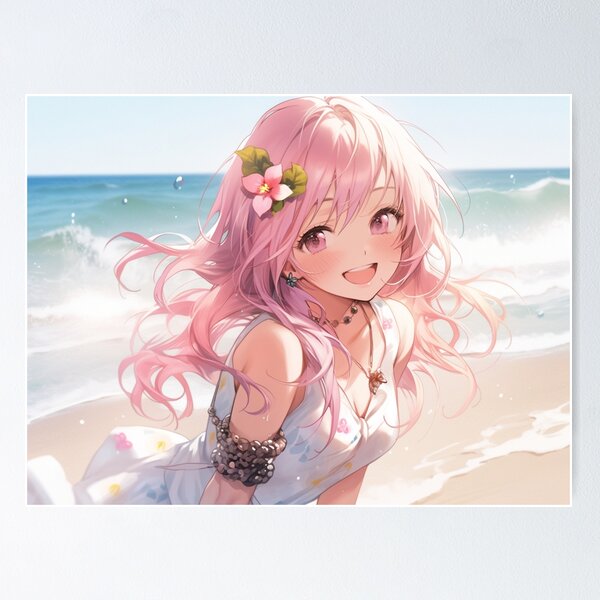 Cute Playful Anime Girl With Straw Hat On Beach | Poster