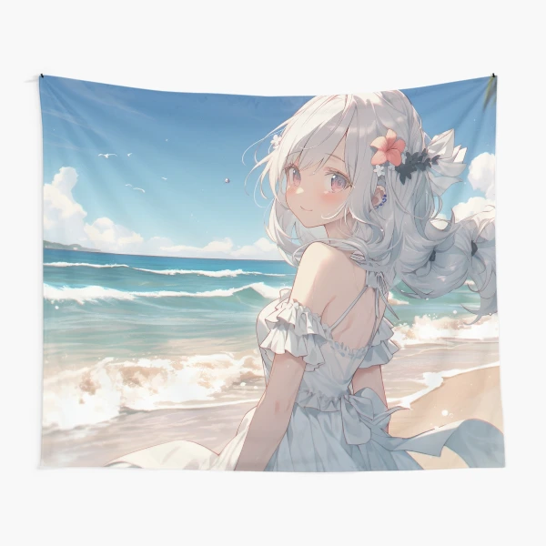 Cute Playful Anime Girl With Straw Hat On Beach | Tapestry