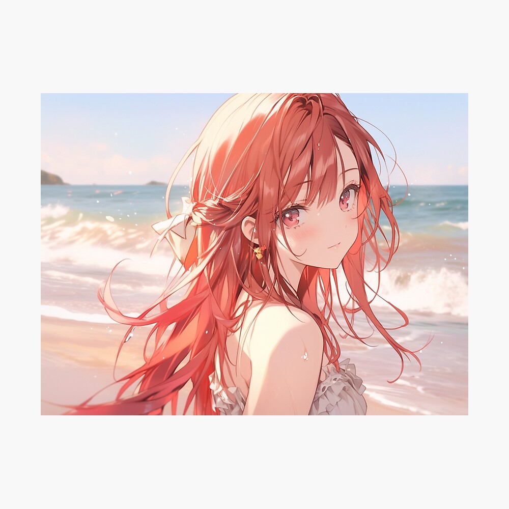 Cute Red Haired Anime Girl On Beach