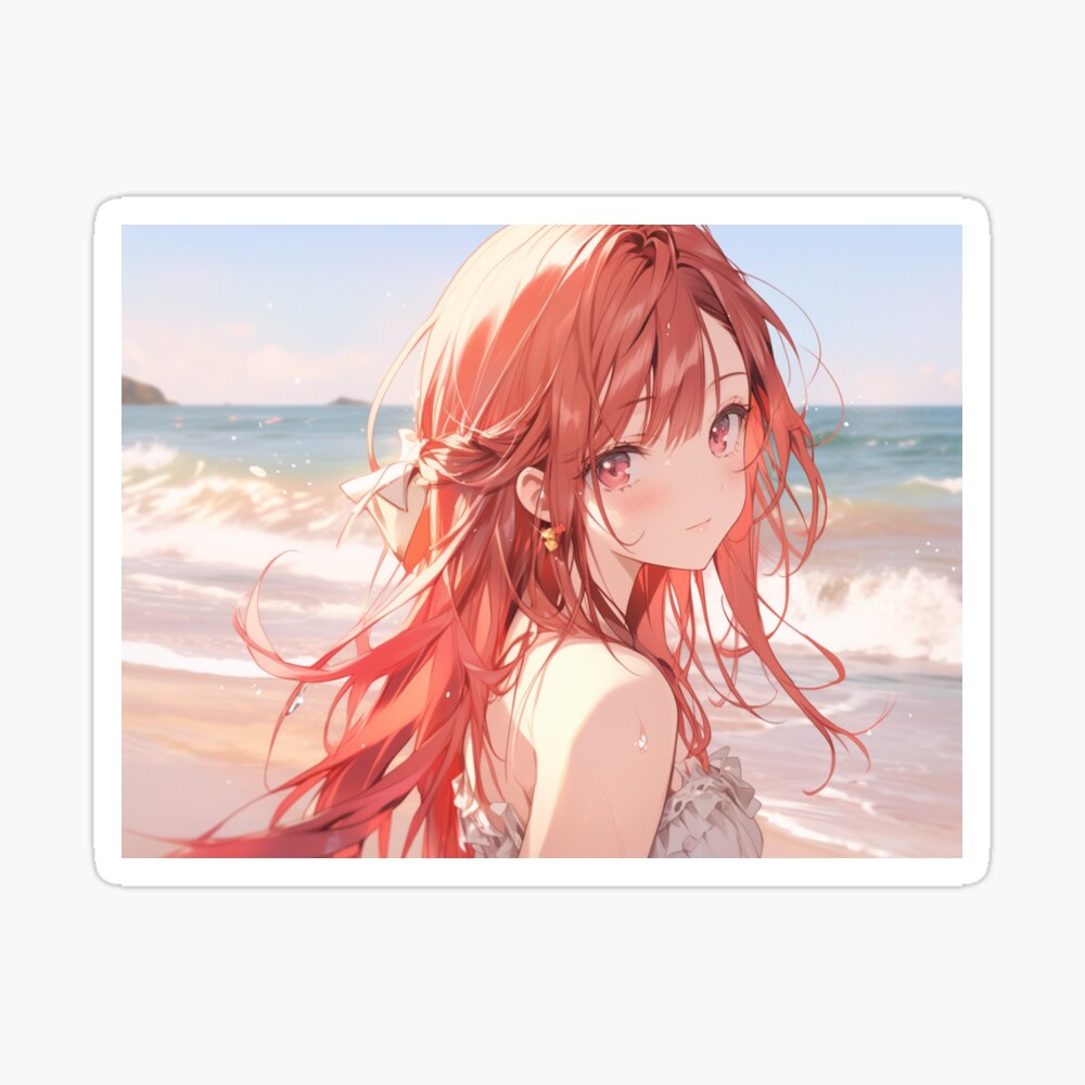 Cute Red Haired Anime Girl On Beach