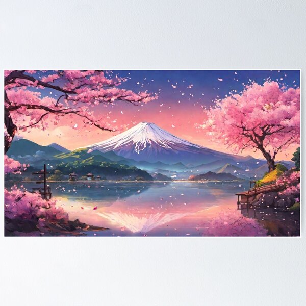 Item preview, Cherry Blossom Anime Scenery featuring Mount Fuji designed and sold by aniscapes.