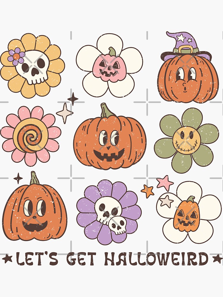 Cute Retro Halloween Flowers & Pumpkins Sticker for Sale by jenelectra