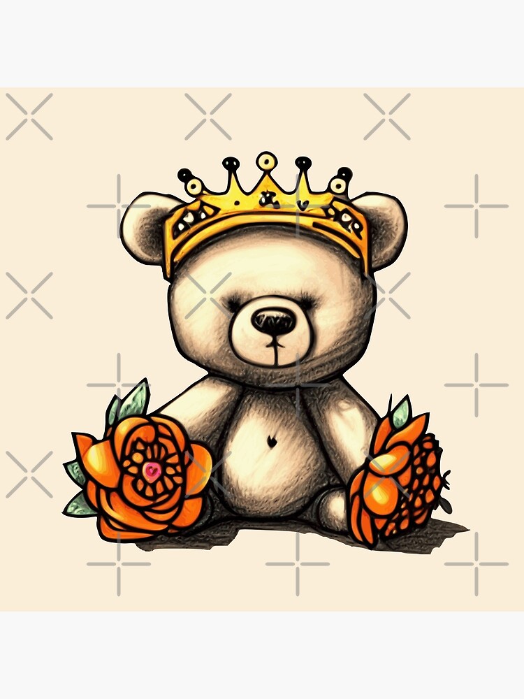 Disover Cute King Teddy Bear with Crown and Flowers Throw Pillow