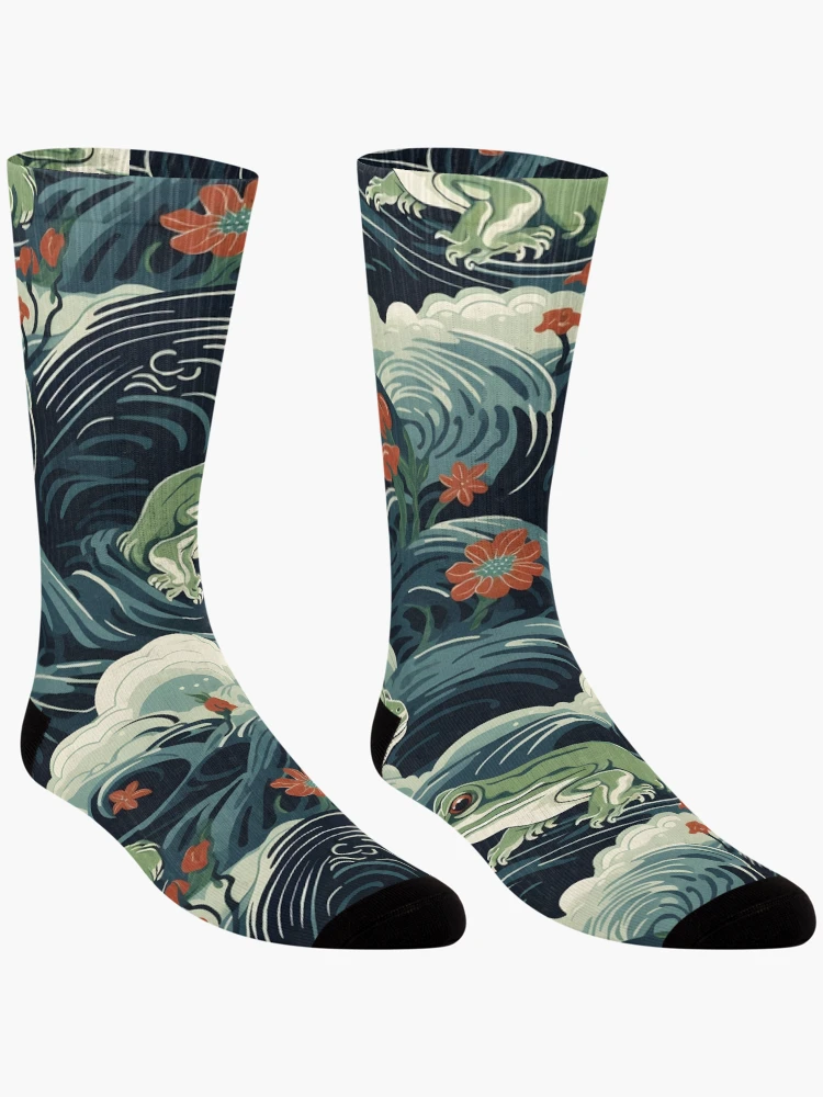 Thumbnail 3 of 5, Socks, Wave Japanese Style Frog Pattern designed and sold by RibbitFans101.