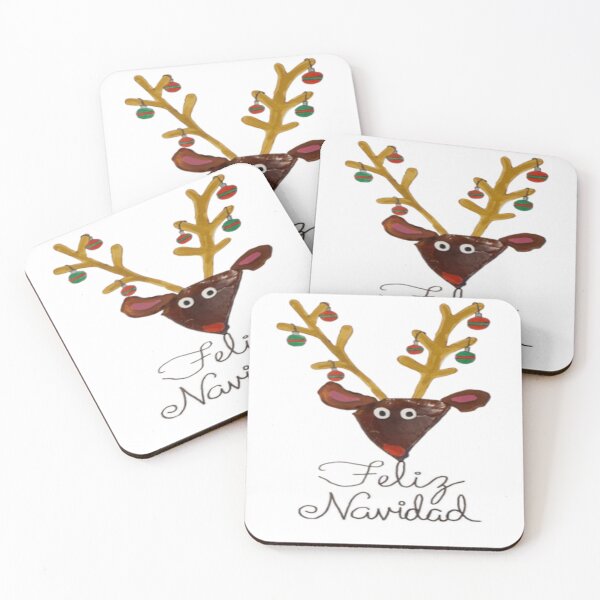 Item preview, Reindeer with ornaments in antlers wishing Feliz Navidad designed and sold by RockPaperArt.