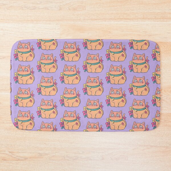 Disover Cute orange chubby kitten with flowers | Bath Mat