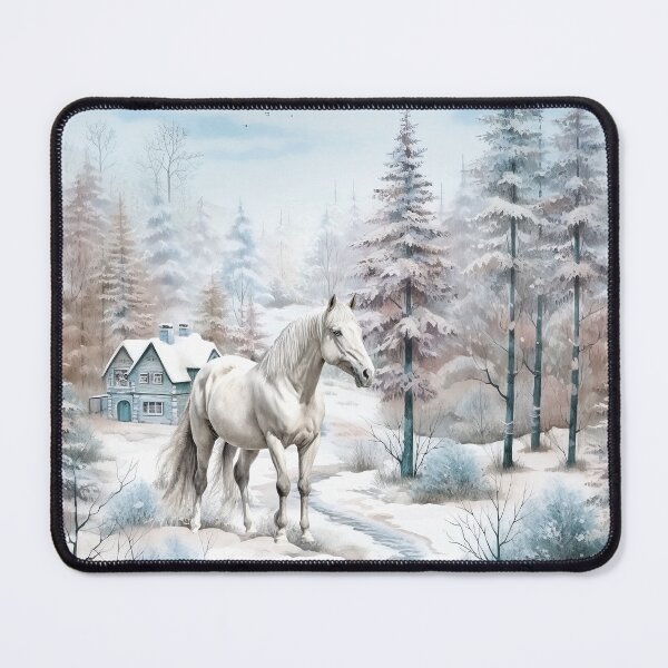Item preview, Grey white horse in vinter countryside snowy landscape scene designed and sold by Mercedes P.