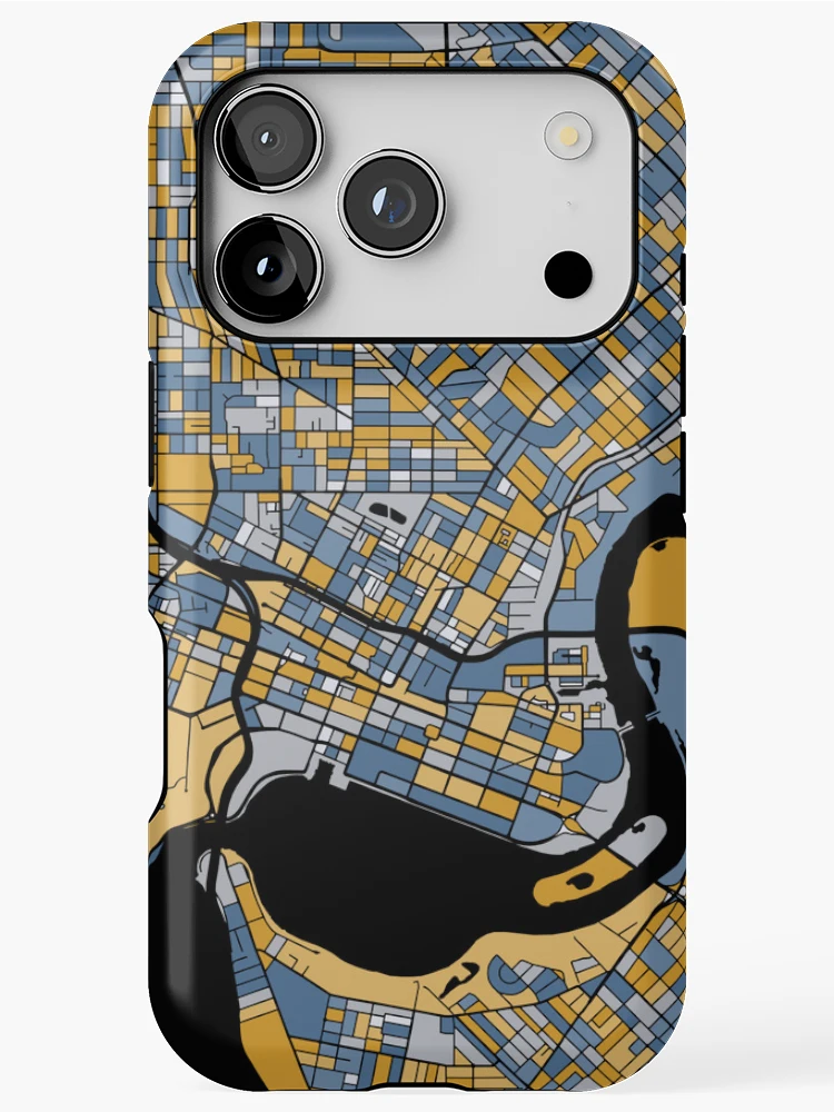 Thumbnail 1 of 4, iPhone Case, Perth Map Pattern in Blue & Gold designed and sold by PatternMaps.