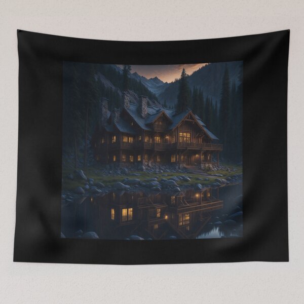 Item preview, Wooden house among the mountains at sunset designed and sold by ArtCraftLab.