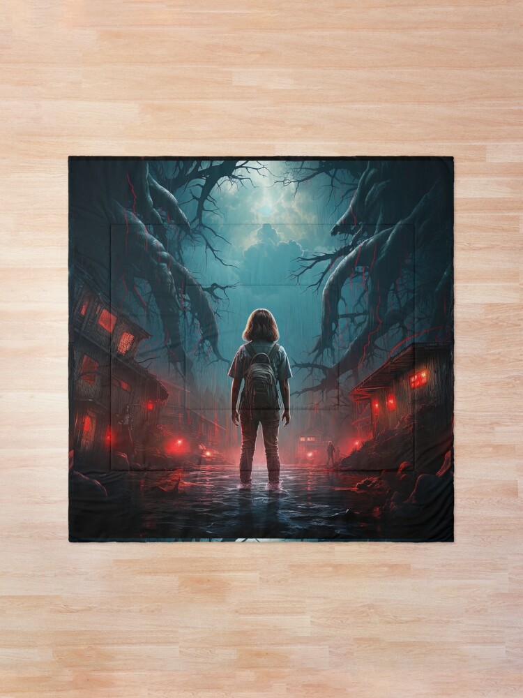 Thumbnail 1 of 6, Comforter, Child Staring into Hell Vintage Movie Poster Stranger Things Fan Art designed and sold by sμ (smew).