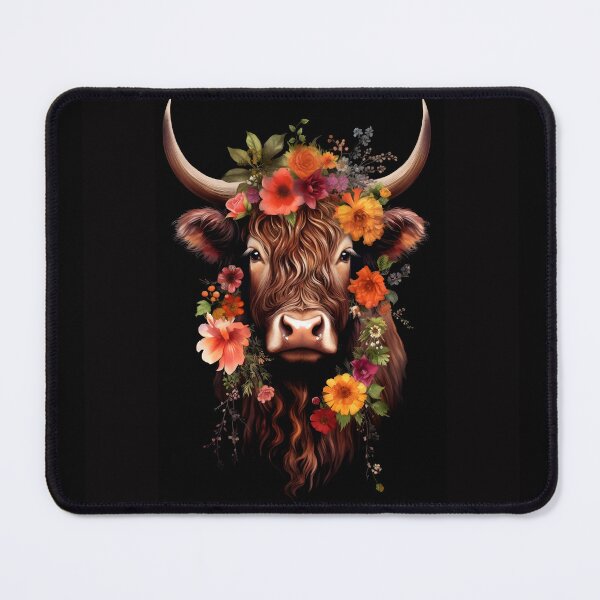 Item preview, Highland Cow and flowers on black designed and sold by JuliaPop.