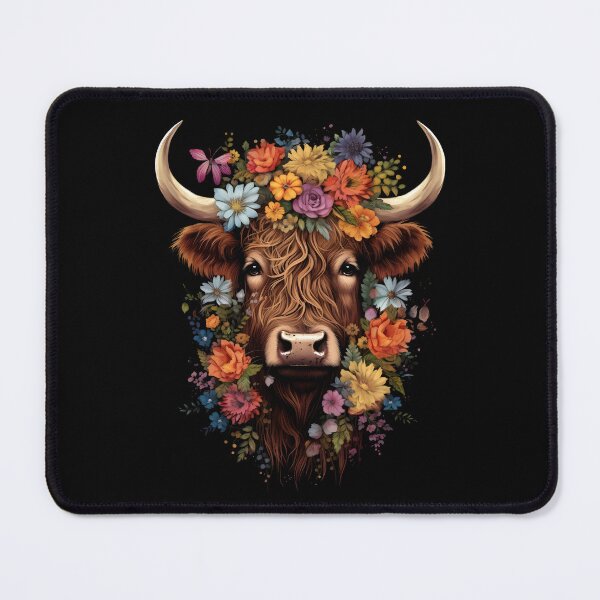 Item preview, Cute Highland Cow and flowers on black designed and sold by JuliaPop.