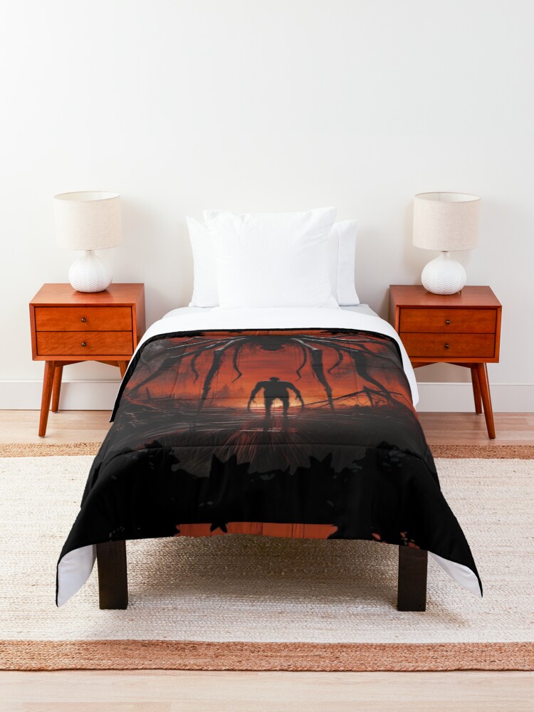 Thumbnail 3 of 6, Comforter, Vintage Demogorgon Movie Poster Stranger Things Fan Art designed and sold by sμ (smew).