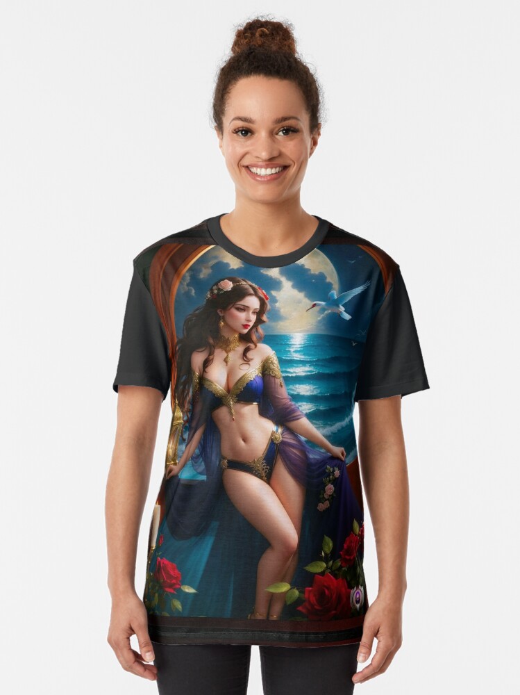 Thumbnail 2 of 5, Graphic T-Shirt, Arabian Nights Beauty By The Ocean With Red Roses Beautiful Fantasy AI Concept Art by Xzendor7 designed and sold by xzendor7.