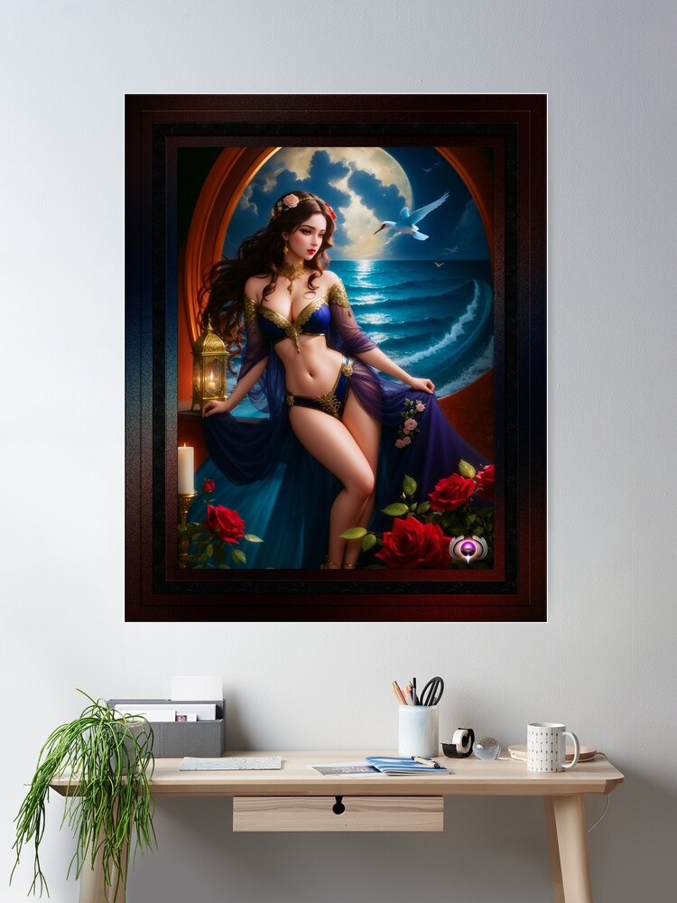 Arabian Nights Beauty By The Ocean With Red Roses Beautiful Fantasy AI Concept Art by Xzendor7 Wall Decor Poster