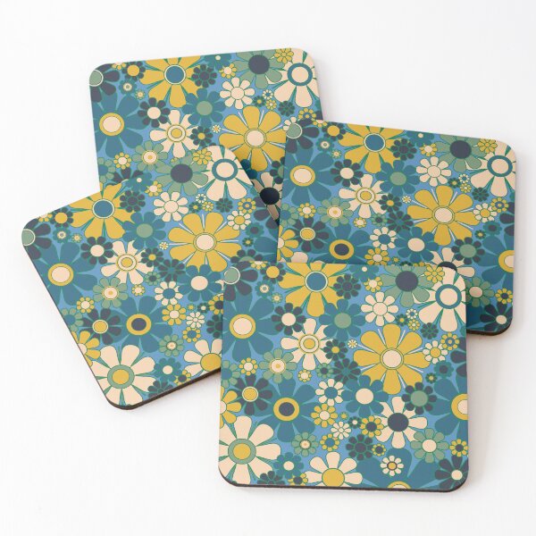 Item preview, Retro Garden Flowers 60s 70s Aesthetic Floral Pattern Blue Green Mustard designed and sold by kierkegaard.