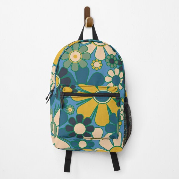 Item preview, Retro Garden Flowers 60s 70s Aesthetic Floral Pattern Blue Green Mustard designed and sold by kierkegaard.