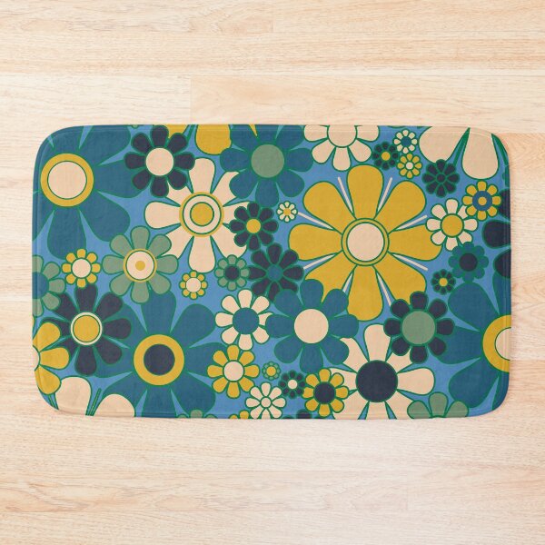Item preview, Retro Garden Flowers 60s 70s Aesthetic Floral Pattern Blue Green Mustard designed and sold by kierkegaard.