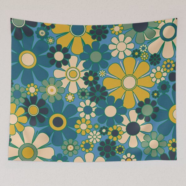 Item preview, Retro Garden Flowers 60s 70s Aesthetic Floral Pattern Blue Green Mustard designed and sold by kierkegaard.