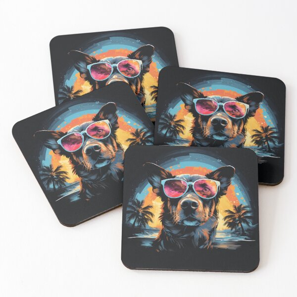 Artikelvorschau, Dog wearing sunglasses with a tropical beach in the style of neon entworfen und verkauft von JurgenGoLF.