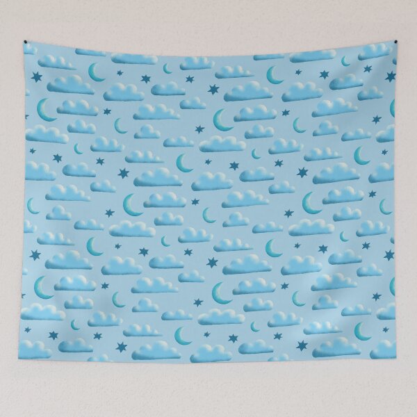 Item preview, Clouds, moon and stars on blue | repeat pattern designed and sold by colorofmagic.
